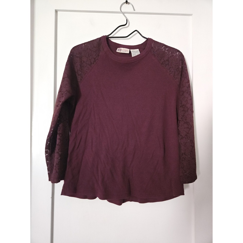 Faded Glory Vintage Boho Lace Raglan Top Large 12/14 Dark Raisin Maroon Purple